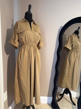 Maeve by Anthropologie Beige Shirt Dress Collared Short Sleeve Midi XS